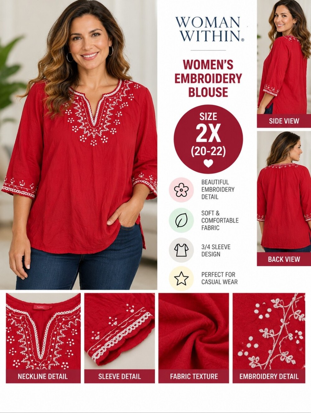 Woman within Women's 2X red embroidery blouse #36